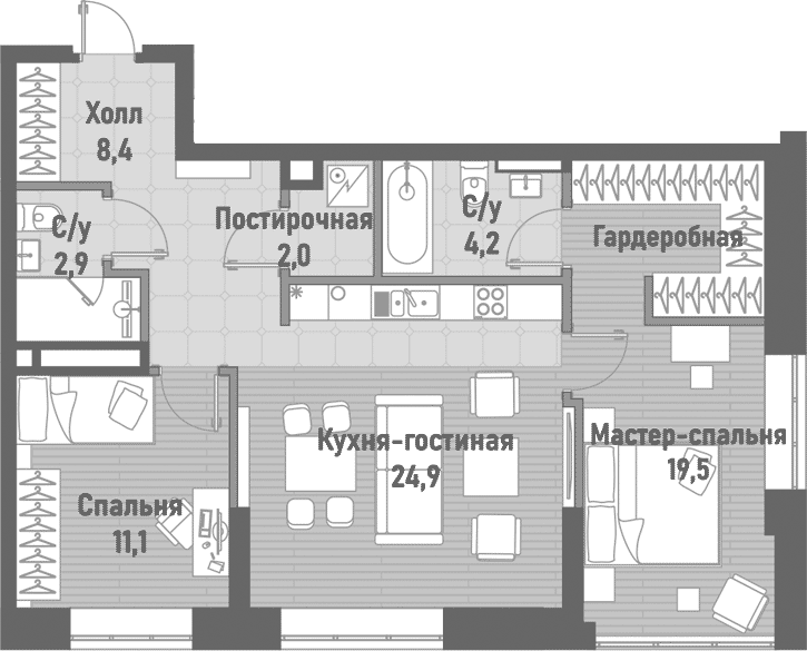 Планировка — Ренессанс, 3-комн., 73 м²