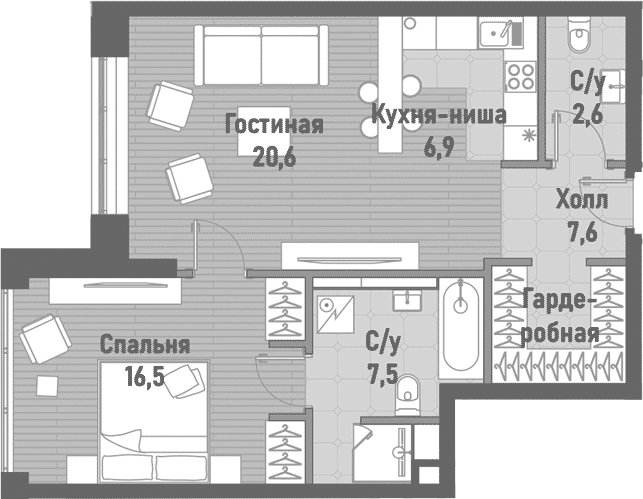 Планировка — Ренессанс, 2-комн., 62 м²