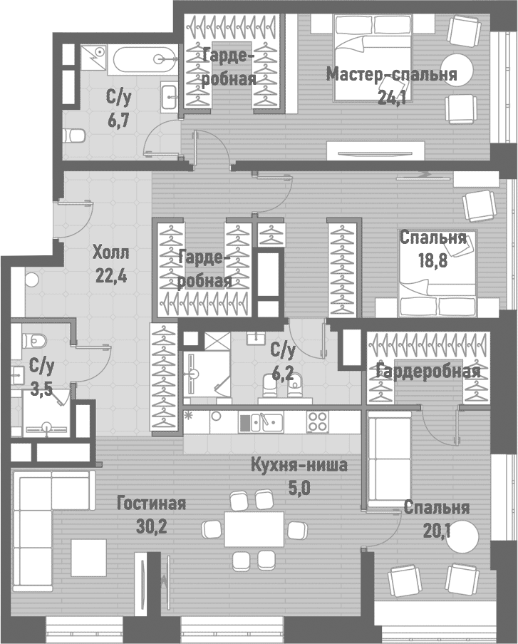 Планировка — Ренессанс, 4-комн., 137 м²