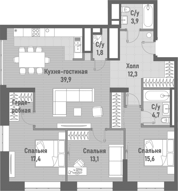 Планировка — Ренессанс, 4-комн., 109 м²