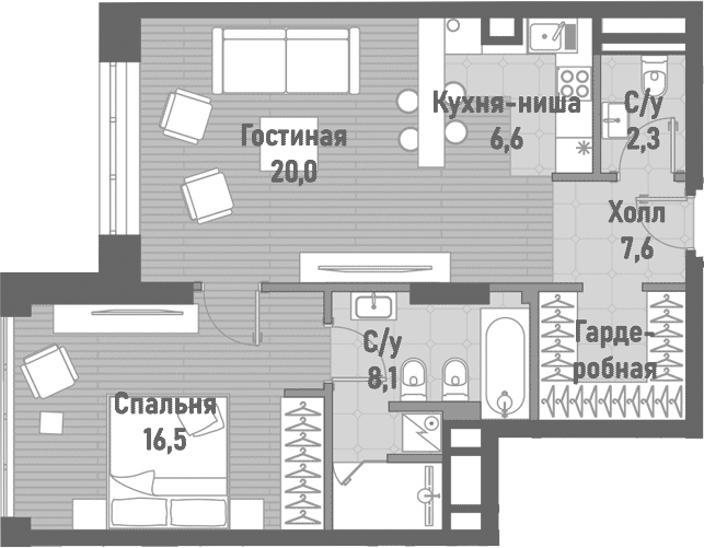 Планировка — Ренессанс, 2-комн., 61 м²