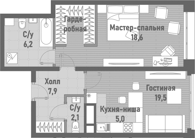 Планировка — Ренессанс, 2-комн., 59 м²