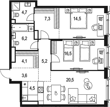 Планировка — Левел Академическая, 3-комн., 87 м²