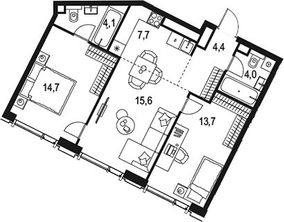 Планировка — Левел Академическая, 3-комн., 64 м²