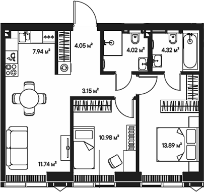 Планировка — Джойс, 3-комн., 60 м²