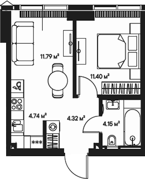 Планировка — Джойс, 2-комн., 36 м²