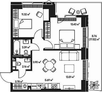 Планировка — Джойс, 3-комн., 57 м²