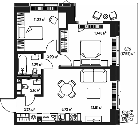 Планировка — Джойс, 3-комн., 58 м²