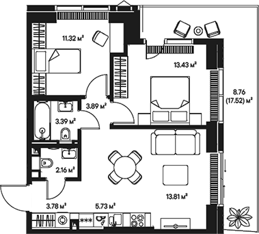 Планировка — Джойс, 3-комн., 58 м²