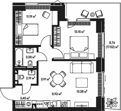 Планировка — Джойс, 3-комн., 57 м²