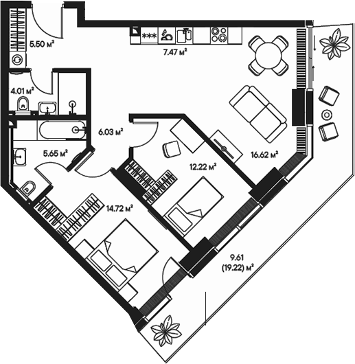 Планировка — Джойс, 3-комн., 72 м²