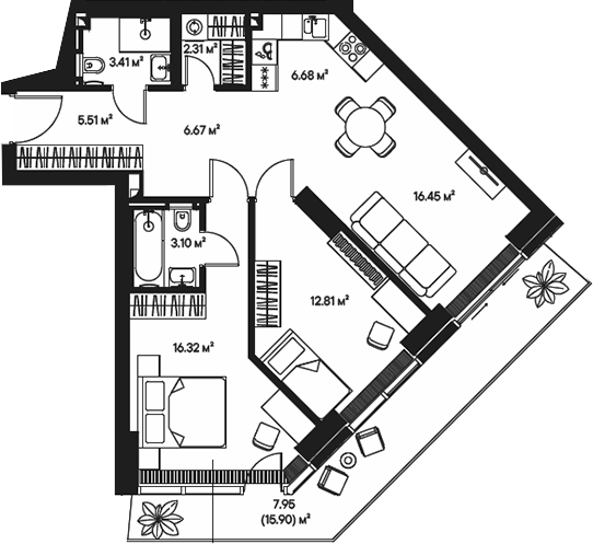 Планировка — Джойс, 3-комн., 73 м²