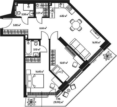 Планировка — Джойс, 3-комн., 74 м²