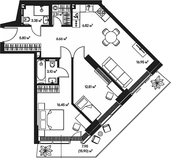 Планировка — Джойс, 3-комн., 74 м²