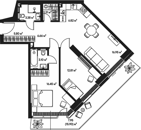 Планировка — Джойс, 3-комн., 74 м²