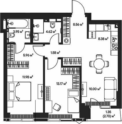 Планировка — Джойс, 3-комн., 68 м²