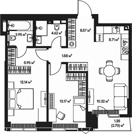 Планировка — Джойс, 3-комн., 69 м²