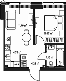 Планировка — Джойс, 2-комн., 36 м²