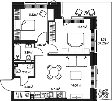 Планировка — Джойс, 3-комн., 58 м²