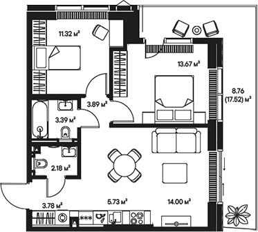 Планировка — Джойс, 3-комн., 58 м²