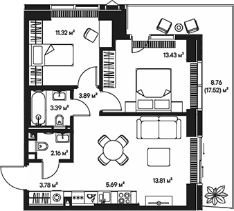 Планировка — Джойс, 3-комн., 57 м²