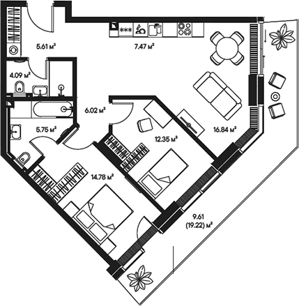 Планировка — Джойс, 3-комн., 73 м²