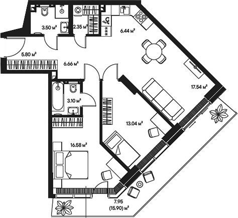 Планировка — Джойс, 3-комн., 75 м²