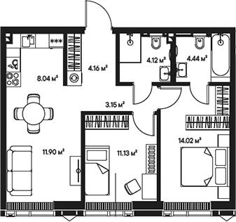 Планировка — Джойс, 3-комн., 61 м²