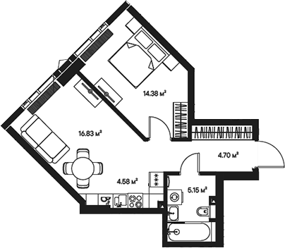 Планировка — Джойс, 2-комн., 46 м²