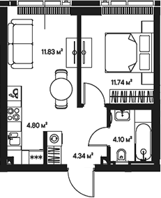 Планировка — Джойс, 2-комн., 37 м²