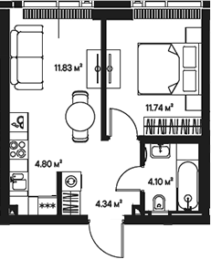 Планировка — Джойс, 2-комн., 37 м²