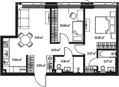 Планировка — Джойс, 3-комн., 61 м²