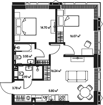 Планировка — Джойс, 3-комн., 63 м²