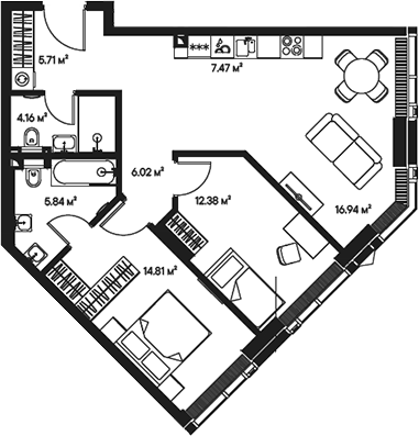 Планировка — Джойс, 3-комн., 73 м²
