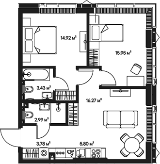 Планировка — Джойс, 3-комн., 63 м²