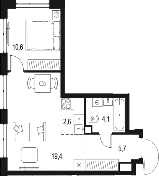 Планировка — Левел Мичуринский, 2-комн., 42 м²