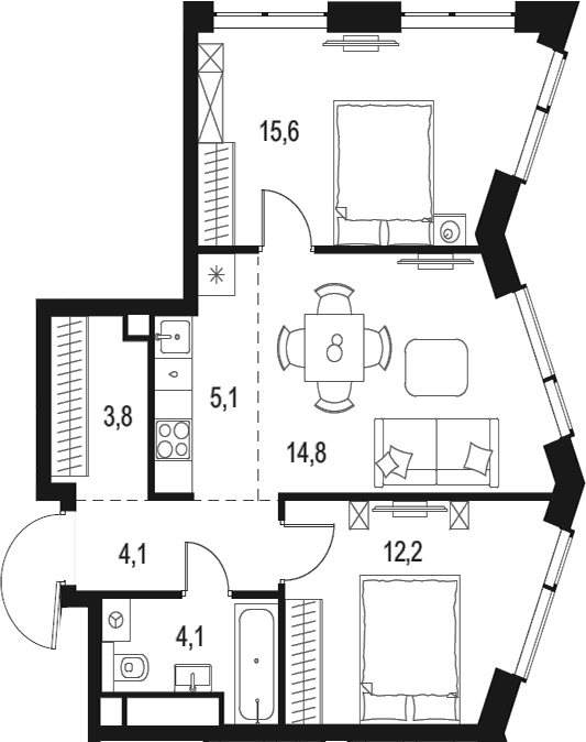 Планировка — Левел Мичуринский, 3-комн., 60 м²