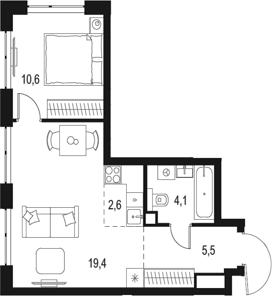 Планировка — Левел Мичуринский, 2-комн., 42 м²