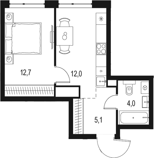 Планировка — Левел Мичуринский, 1-комн., 34 м²