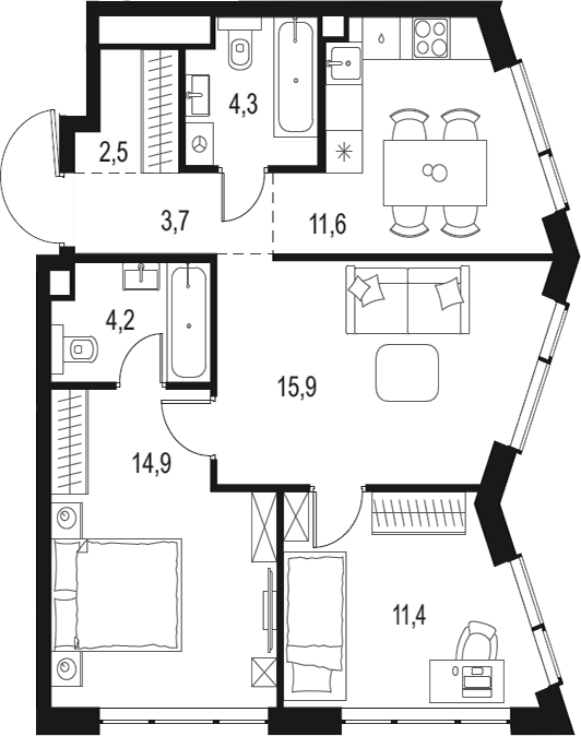 Планировка — Левел Мичуринский, 3-комн., 69 м²