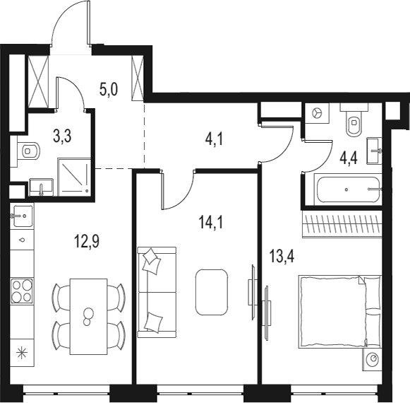 Планировка — Левел Мичуринский, 2-комн., 57 м²