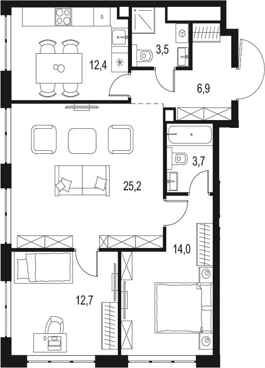 Планировка — Левел Мичуринский, 3-комн., 78 м²
