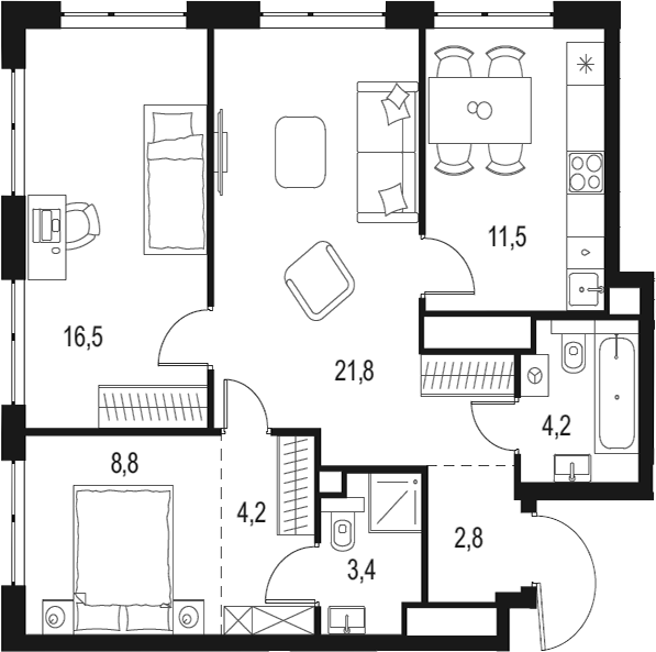 Планировка — Левел Мичуринский, 3-комн., 73 м²