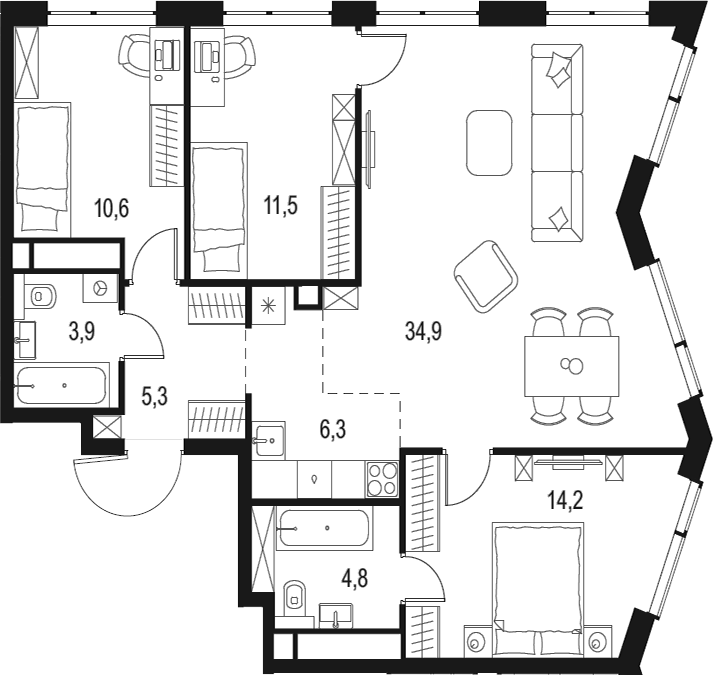 Планировка — Левел Мичуринский, 4-комн., 92 м²