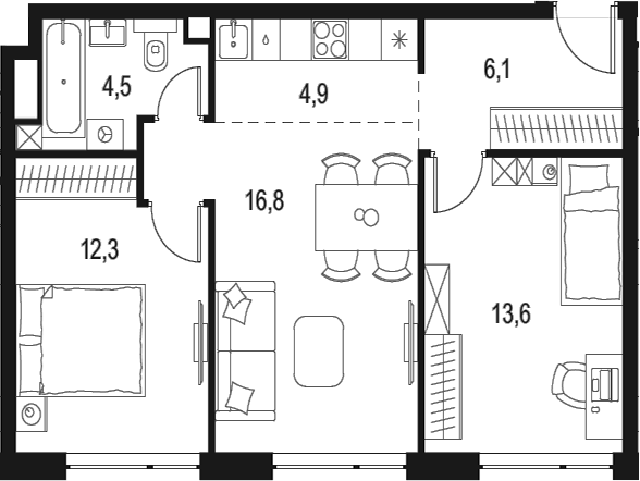 Планировка — Левел Мичуринский, 3-комн., 58 м²