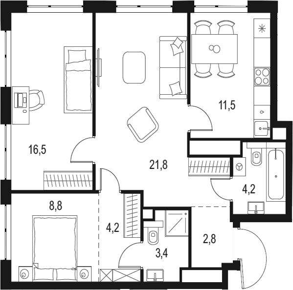 Планировка — Левел Мичуринский, 3-комн., 73 м²
