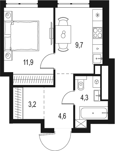 Планировка — Левел Мичуринский, 1-комн., 34 м²