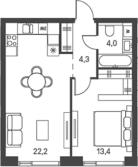 Планировка — Moments, 2-комн., 44 м²
