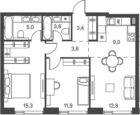 Планировка — Moments, 3-комн., 65 м²