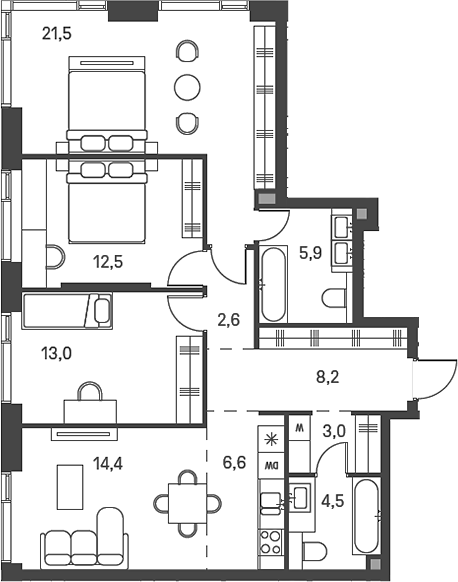 Планировка — Moments, 4-комн., 92 м²